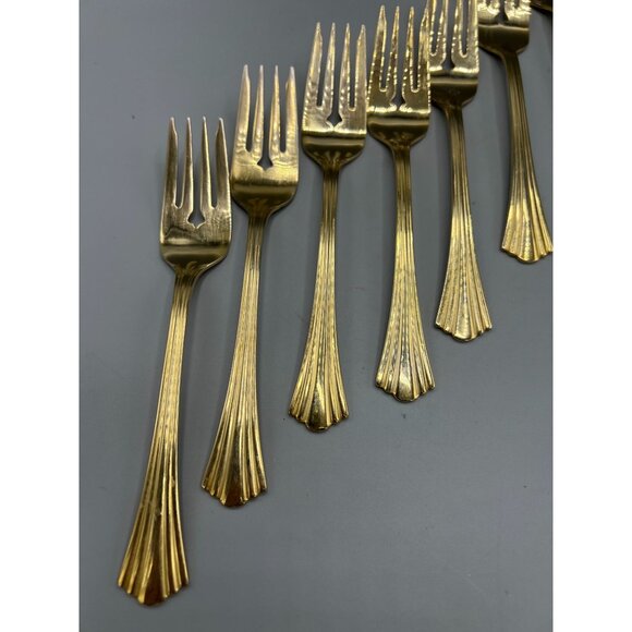 7 Royal Gallery Gold Electroplate Salad Forks Lavish Luncheon Dessert Fork Set - Picture 7 of 8